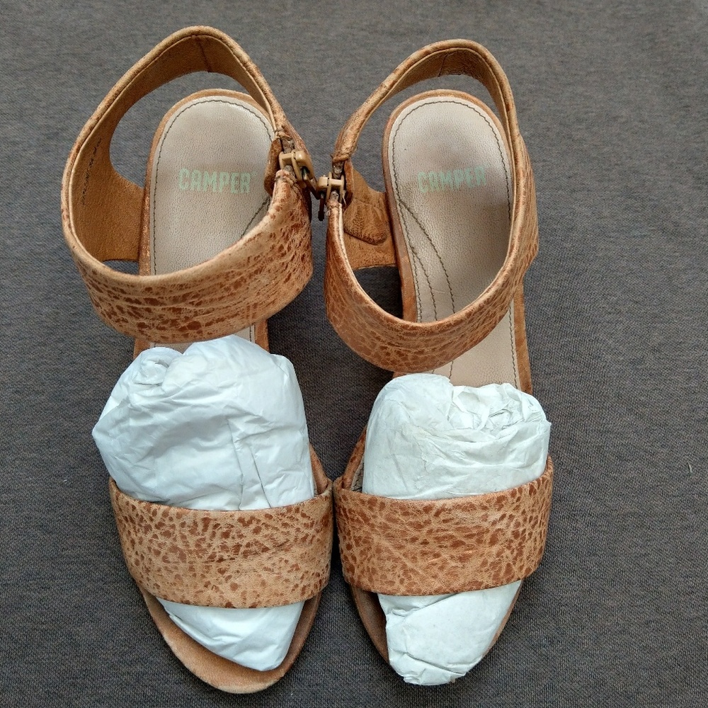 Camper Leather Zip Sandals Wood Heels